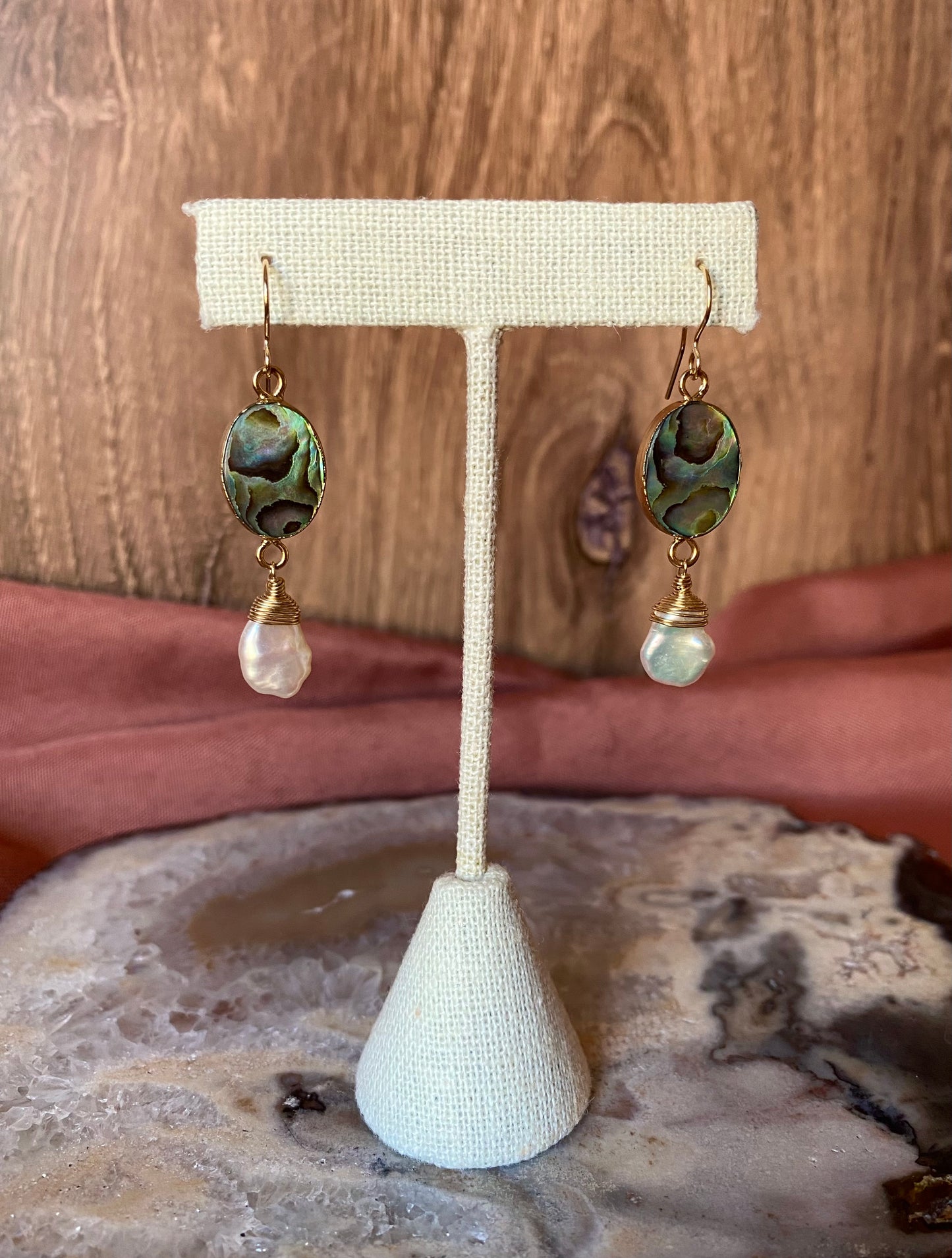 Abalone and White Keshi Pearl Earrings