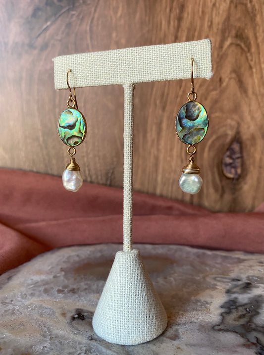 Abalone and White Keshi Pearl Earrings