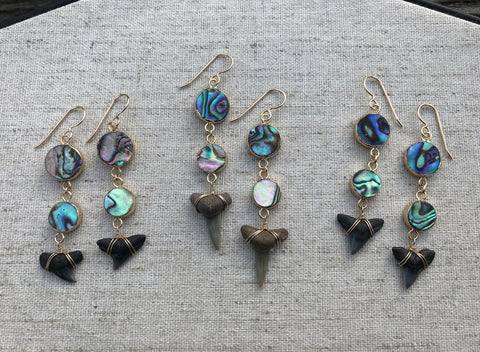 Abalone and Fossil Tooth Earrings